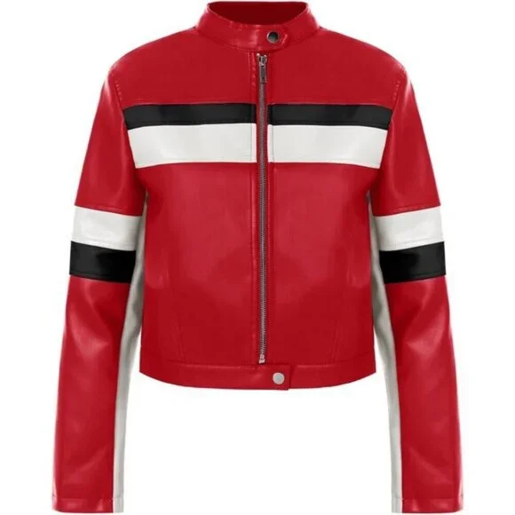 ⭐ Tankaneo Women's Cropped Faux Leather Moto Jacket Color Block Racing Coat